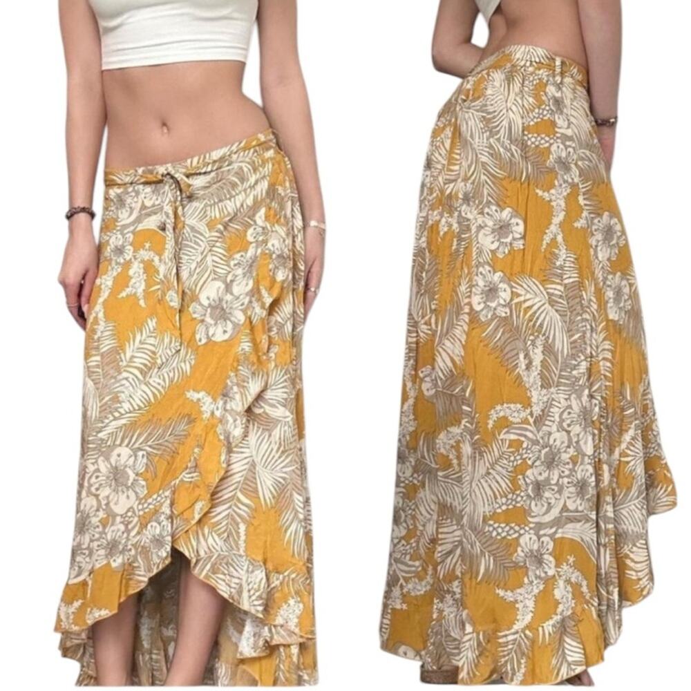Solitaire Womens Long Ruffle Yellow printed Floral Tropical Skirt size Small
